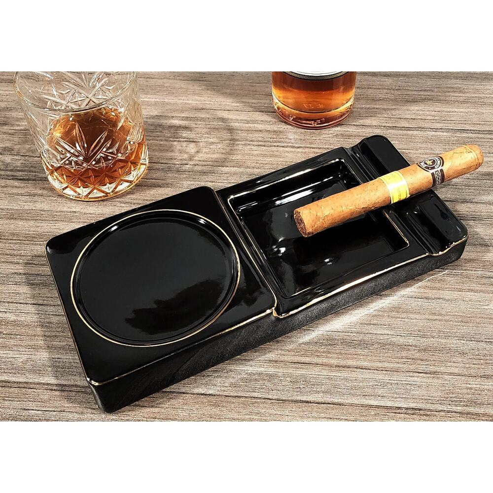 New Black & Gold Ceramic Cigar Ashtray with Drink Coaster Rest Indoor Outdoor